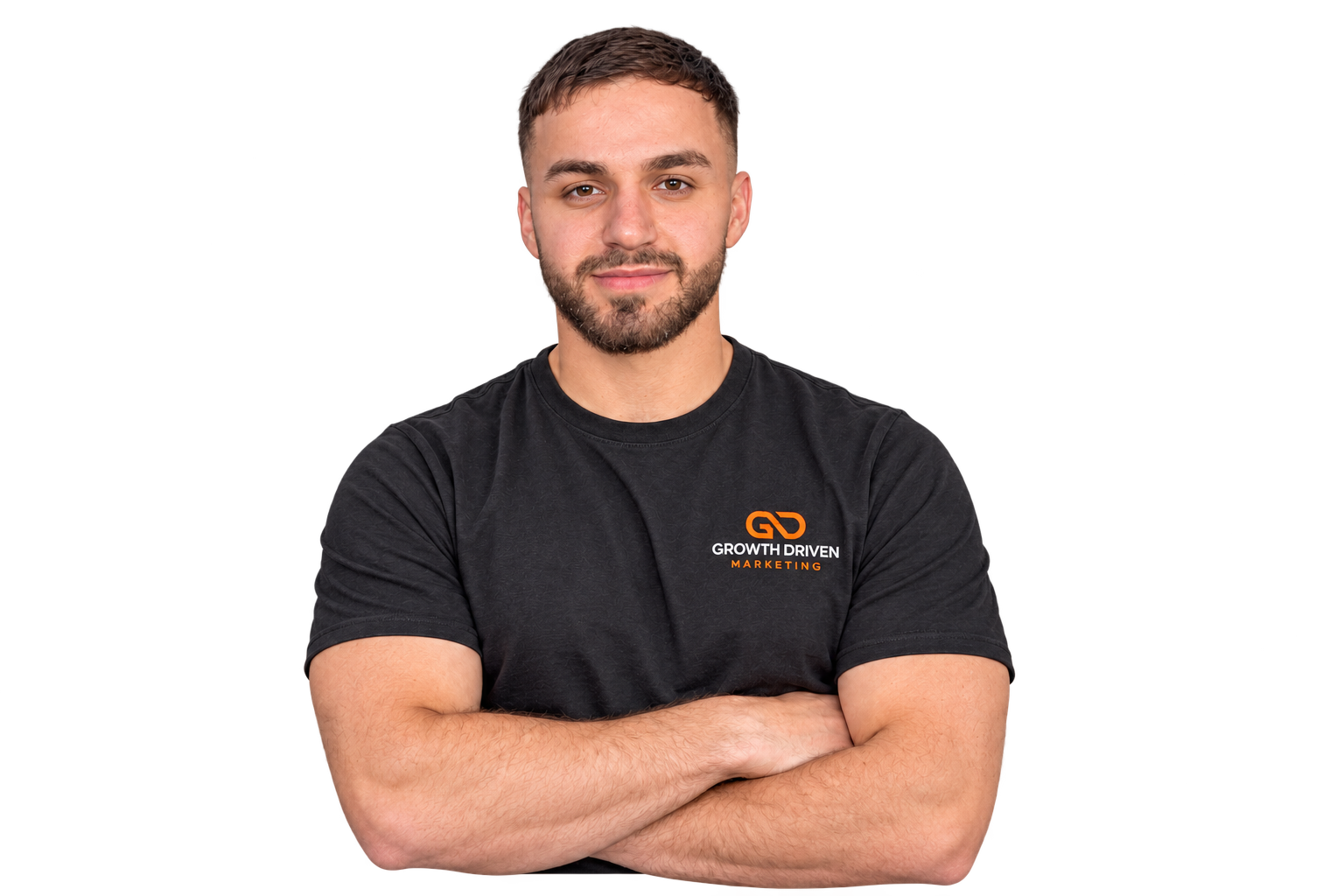 Eli, owner of Growth Driven Marketing, in a branded charcoal T-shirt